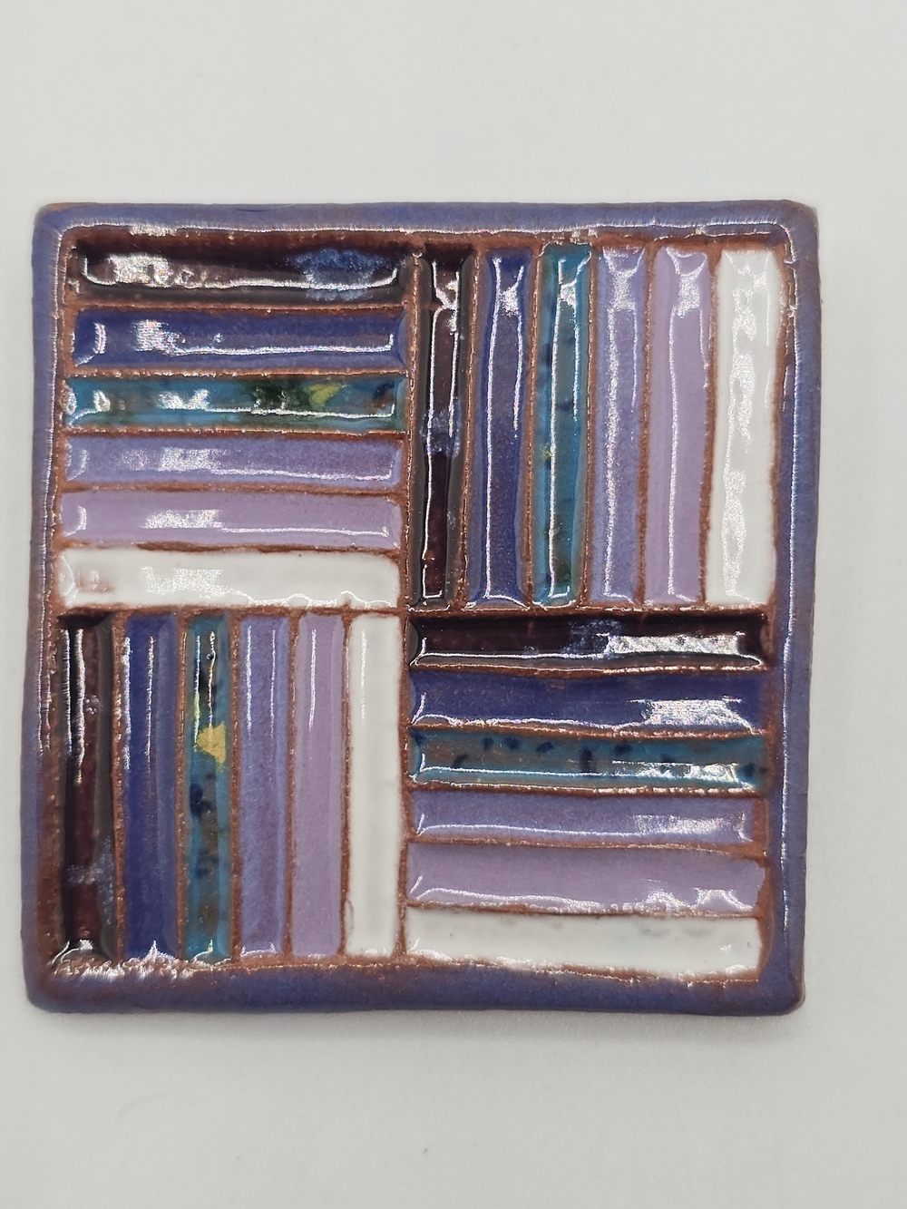 Veronique Ceramic Brooch Purple Blue Geometric 1996 Artisan Studio 1-7/8"